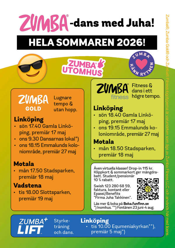 Zumba-pass sommaren 2026 Juha Takkinen Fun Finn TheFunFinn Linköping Vadstena Motala